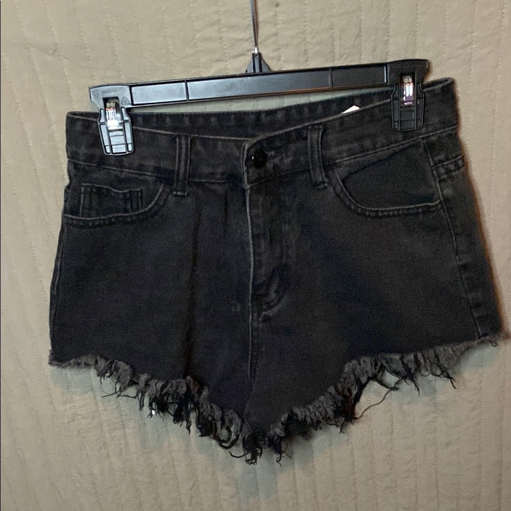 Black Denim Frayed Hem Women's Shorts